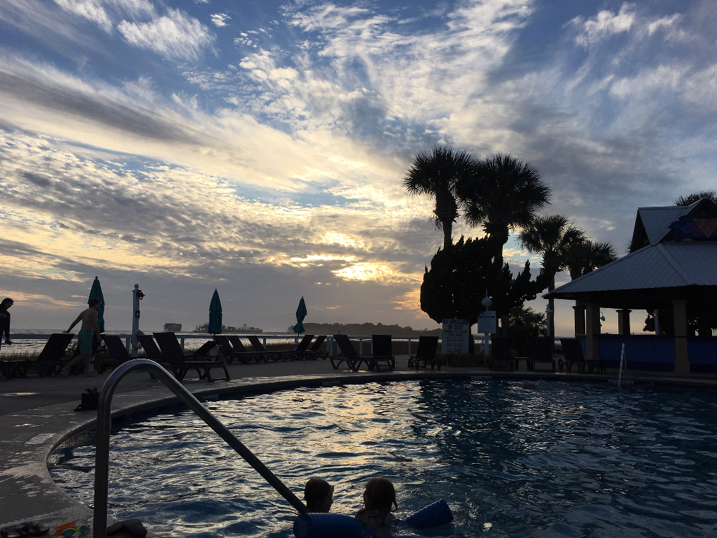 Sunset at the Cabana Pool with bar/restaurant, 1 of the many pools to enjoy on the island.